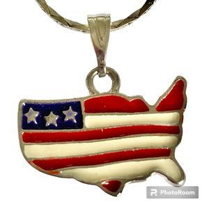 USA American Flag Necklace Patriotic July 4th United States Map Silver Plated